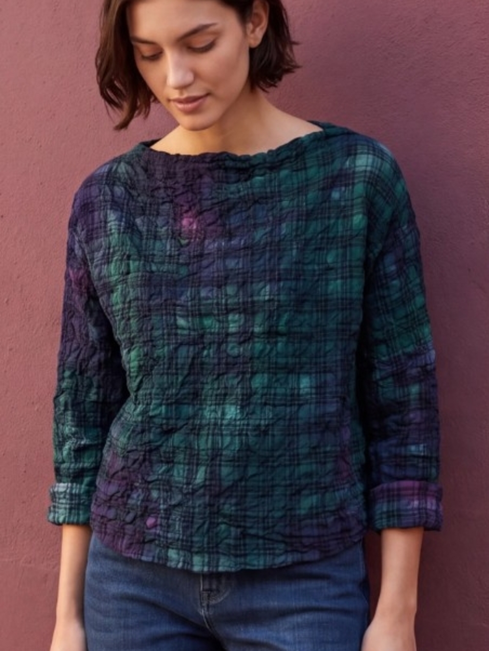 Textured Plaid RANA TOP Crewneck Top in Green and Purple